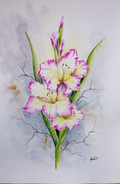 Glaïeuls de couleur rose et blanche avec feuilles et petites branches