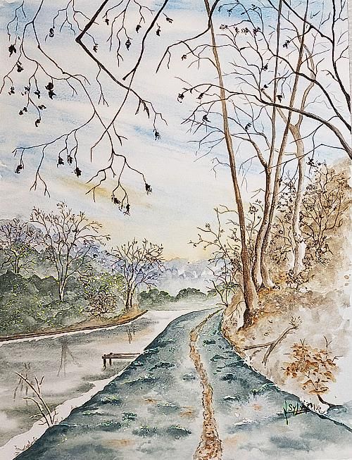 Canal gelé et chemin de halage sous la neige | Aquarelle de Sylvy