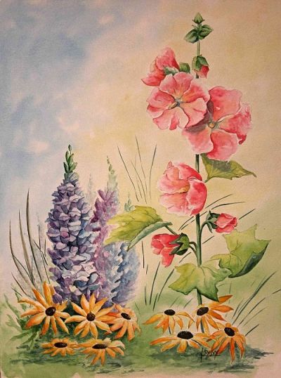 Lupins et roses trémières